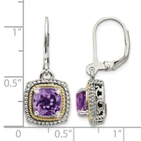 A pair of silver and gold-toned leverback earrings featuring cushion-cut purple amethyst stones surrounded by decorative beaded and twisted metal borders, shown from front and side views with a measurement scale.