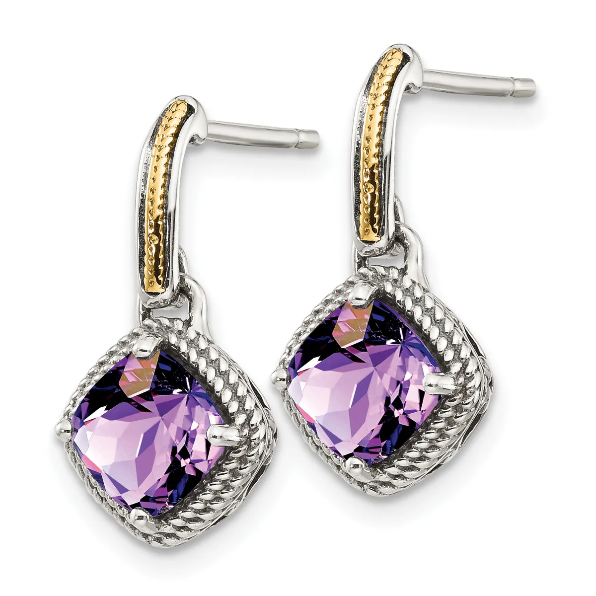 Pair of silver drop earrings with gold-tone accents on the posts, featuring cushion-cut purple amethyst stones set in textured square bezels.