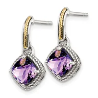 Pair of silver drop earrings with gold-tone accents on the posts, featuring cushion-cut purple amethyst stones set in textured square bezels.