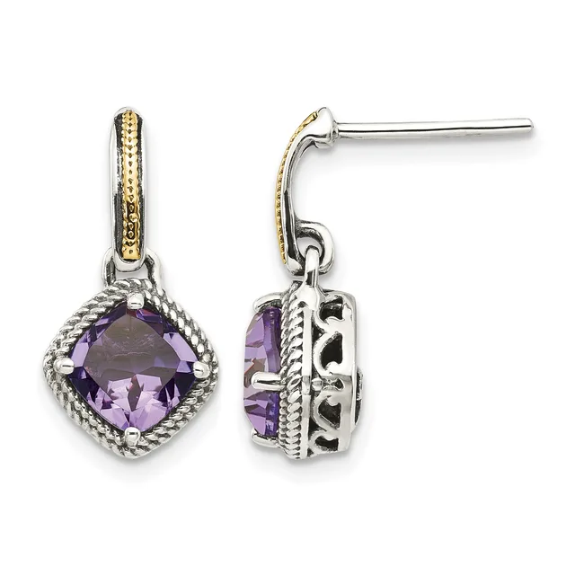 Pair of silver and gold two-tone drop earrings with cushion-cut purple amethyst stones surrounded by twisted rope detailing, shown from front and side views.