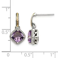 Pair of silver and gold two-tone dangle earrings with cushion-cut purple amethyst stones surrounded by twisted rope detailing, shown next to a ruler.
