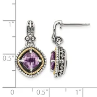 Two silver and gold-tone drop earrings with decorative tops, featuring cushion-cut purple gemstones surrounded by twisted gold borders and beaded silver details, displayed next to a measurement ruler.