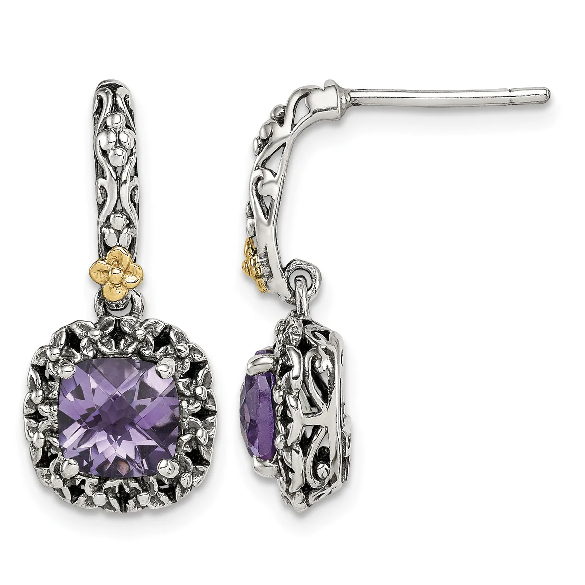 Pair of ornate silver drop earrings with purple faceted gemstones, filigree details, and gold-tone accents on posts.