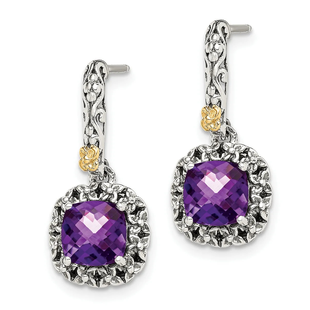 A pair of silver drop earrings with ornate filigree tops, gold accent beads, and cushion-cut faceted amethyst stones surrounded by decorative silver bezels.
