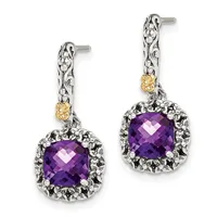A pair of silver drop earrings with ornate filigree tops, gold accent beads, and cushion-cut faceted amethyst stones surrounded by decorative silver bezels.