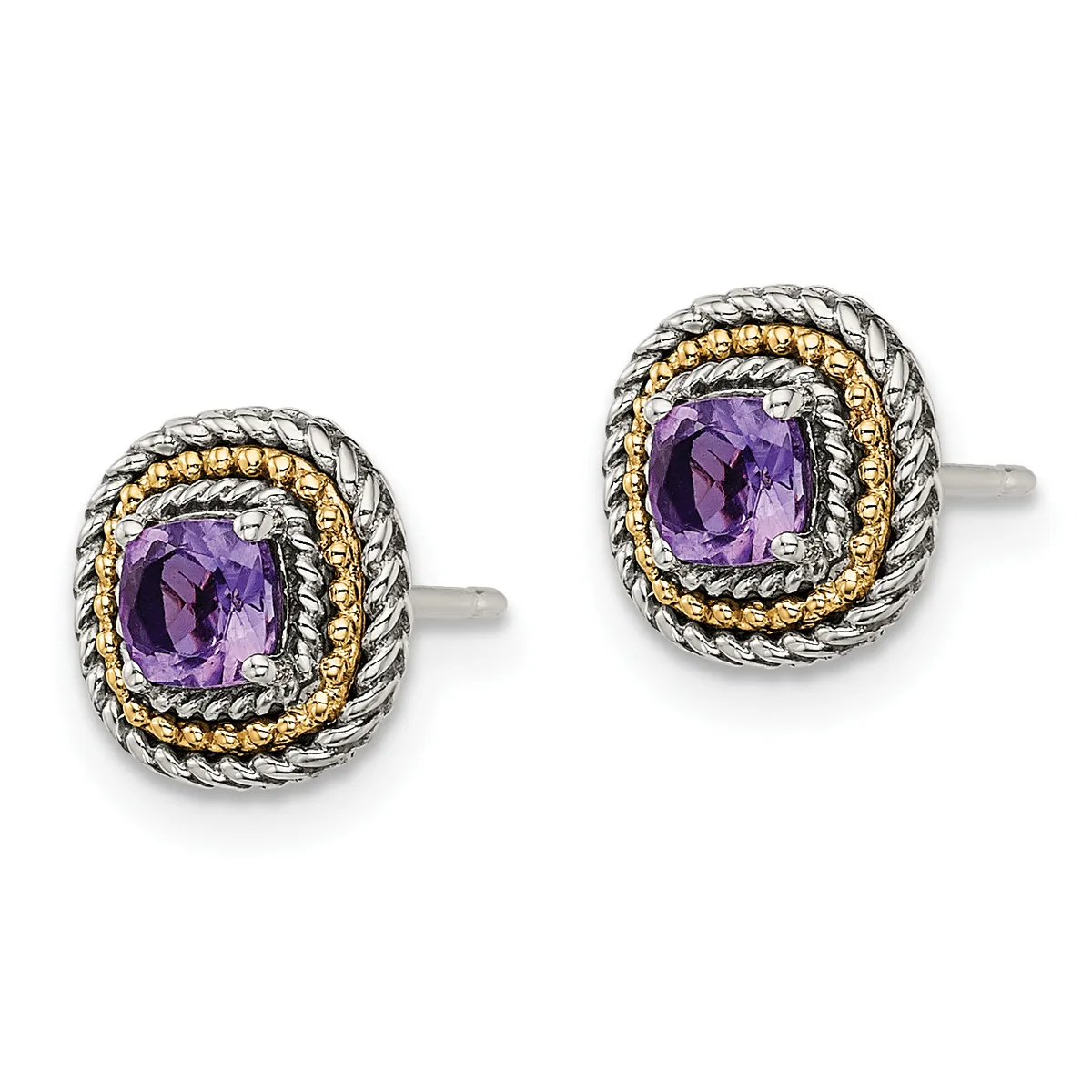 Pair of silver and gold-toned stud earrings with cushion-cut purple amethyst centers surrounded by twisted rope-textured bezels.