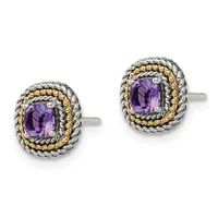 Pair of silver and gold-toned stud earrings with cushion-cut purple amethyst centers surrounded by twisted rope-textured bezels.