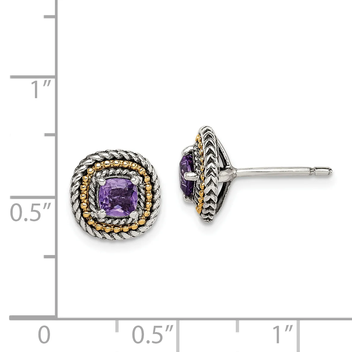 A pair of silver and gold two-tone stud earrings with cushion-cut purple gemstones surrounded by twisted rope detailing, shown against a measurement scale.