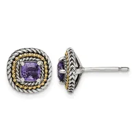 Pair of round stud earrings with purple amethyst centers surrounded by twisted silver bands and gold beaded details, shown from front and side views.