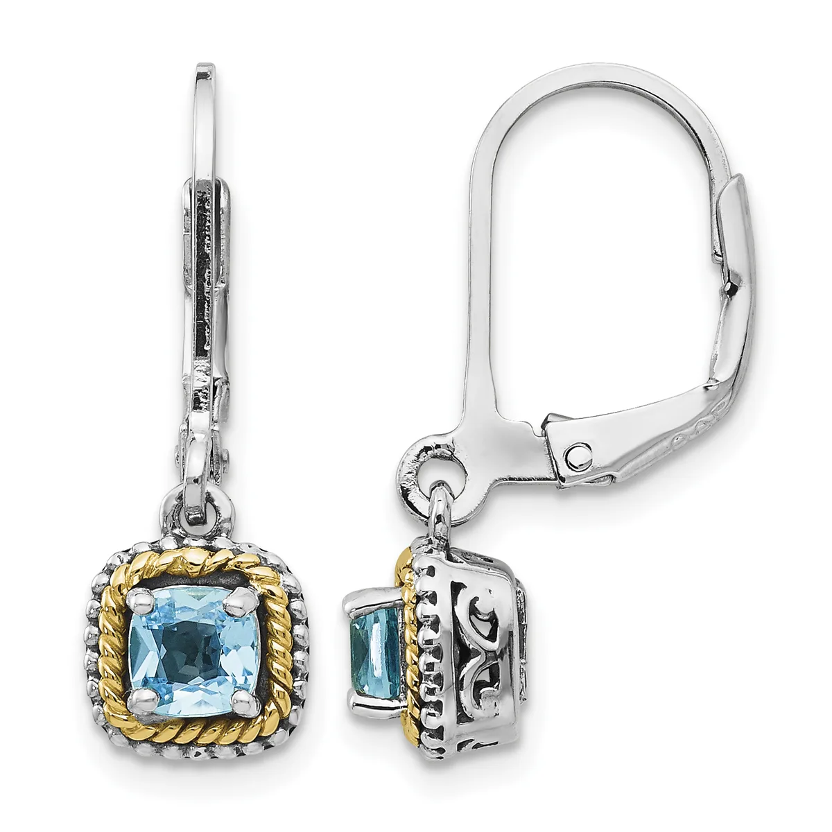 Pair of silver and gold-tone dangle earrings with cushion-cut light blue topaz stones set in ornate square frames, shown from front and side views.