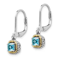 A pair of silver lever-back earrings with square blue topaz stones surrounded by twisted gold-tone bezels and textured silver settings.