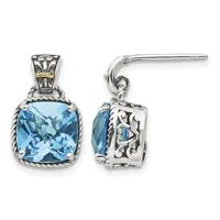 Sterling silver earrings with cushion-cut blue topaz stones set in ornate bezels with rope detailing, shown from front and side views.
