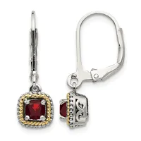 Pair of silver and gold-tone leverback earrings, each featuring a square red gemstone surrounded by a textured golden frame.
