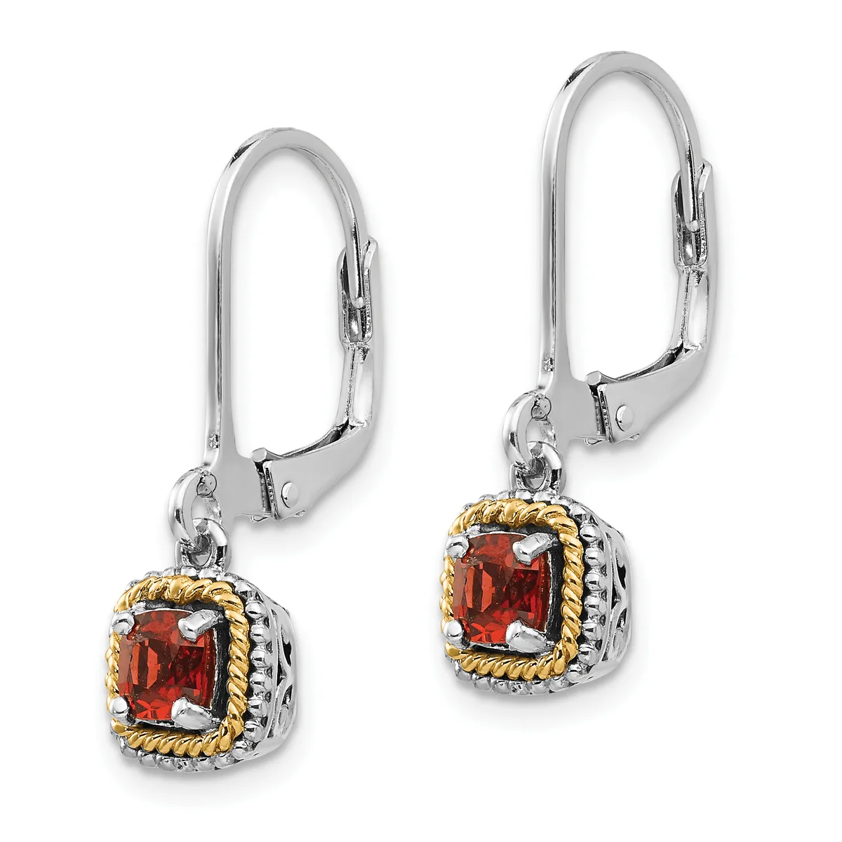 A pair of silver leverback earrings with gold-toned twisted borders, each featuring a square red gemstone in a decorative setting.
