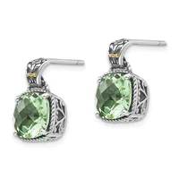 A pair of silver drop earrings with ornate filigree tops featuring green cushion-cut gemstones set in decorative bezels with gold accents.