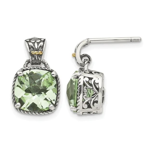 Pair of silver drop earrings with cushion-cut green gemstones set in ornate filigree bezels, shown from front and side views.