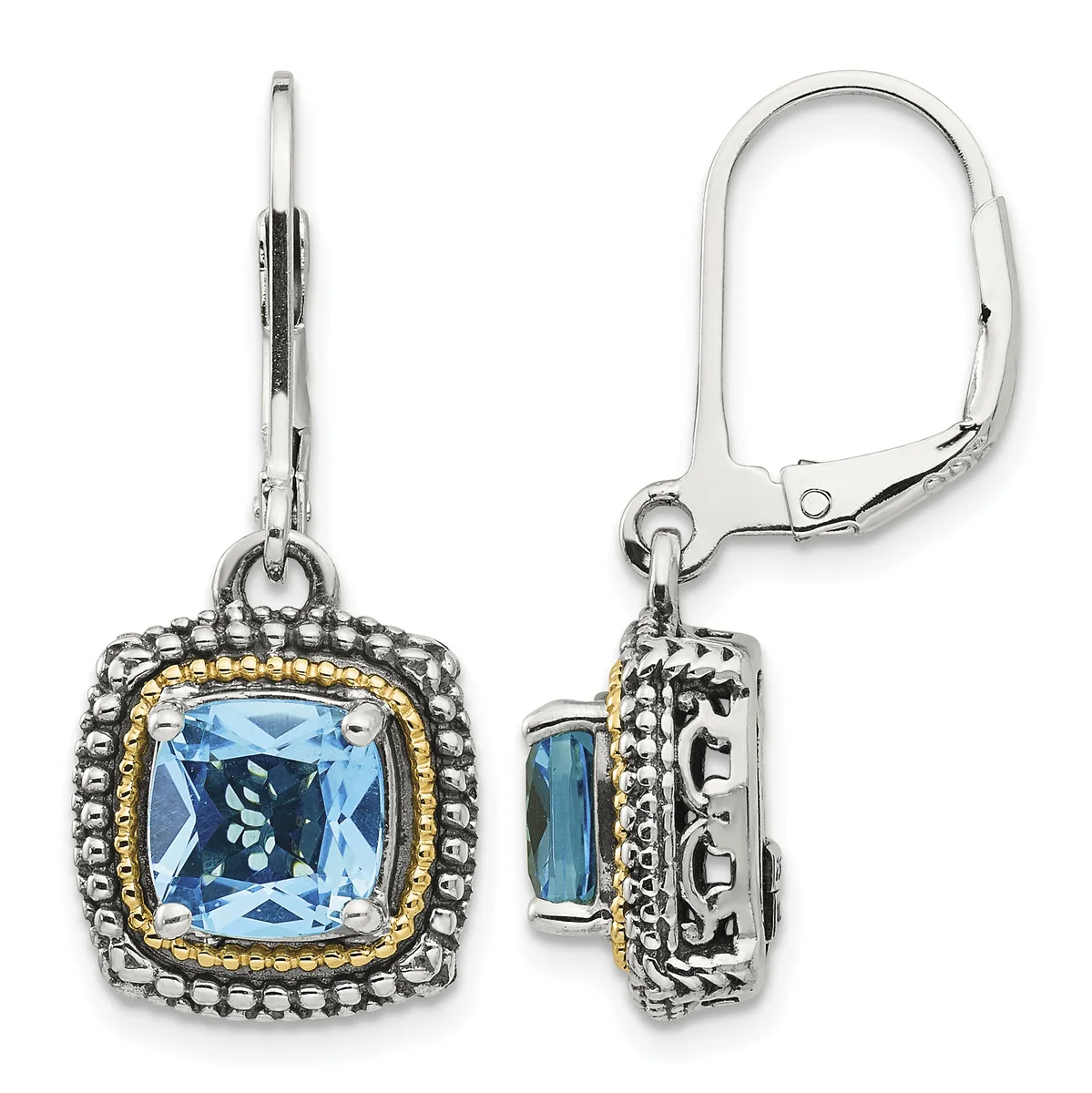 Pair of silver dangle earrings with cushion-cut blue topaz centers surrounded by beaded silver frames with gold-tone accents and leverback closures, shown from front and side views.