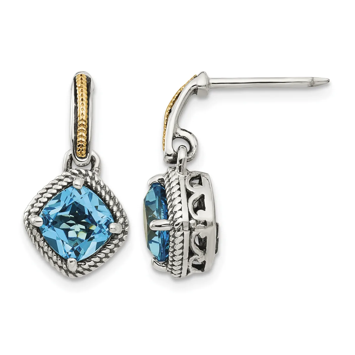 Pair of silver drop earrings with twisted rope borders, cushion-cut blue topaz stones, and gold-tone accent details on posts with backs.