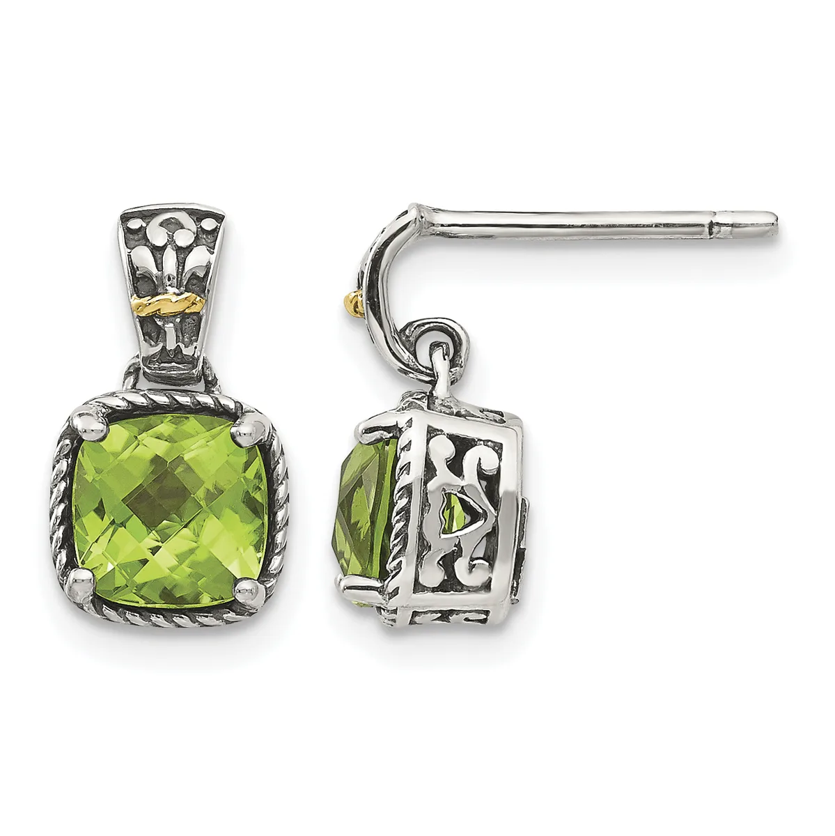 Pair of silver and gold drop earrings with cushion-cut lime green gemstones in ornate settings, shown from front and side views.