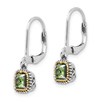 Pair of silver and gold two-tone leverback earrings with cushion-cut green gemstones surrounded by decorative twisted rope borders.