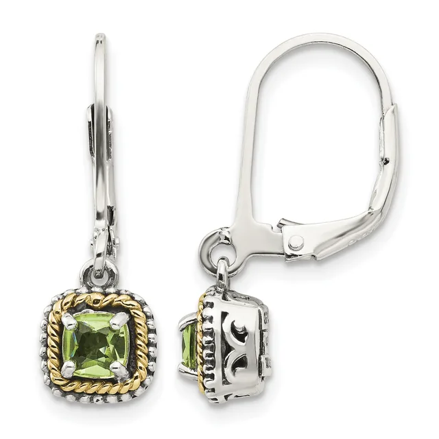 Pair of silver and gold-toned lever-back earrings with square green peridot stones surrounded by decorative twisted rope borders, shown from front and side views.