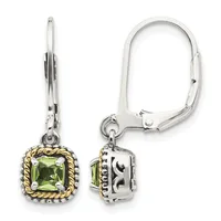 Pair of silver and gold-toned lever-back earrings with square green peridot stones surrounded by decorative twisted rope borders, shown from front and side views.