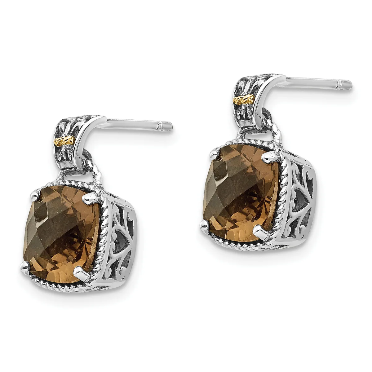 Pair of silver drop earrings with ornate scrollwork settings featuring cushion-cut smoky topaz stones and gold accents on posts.