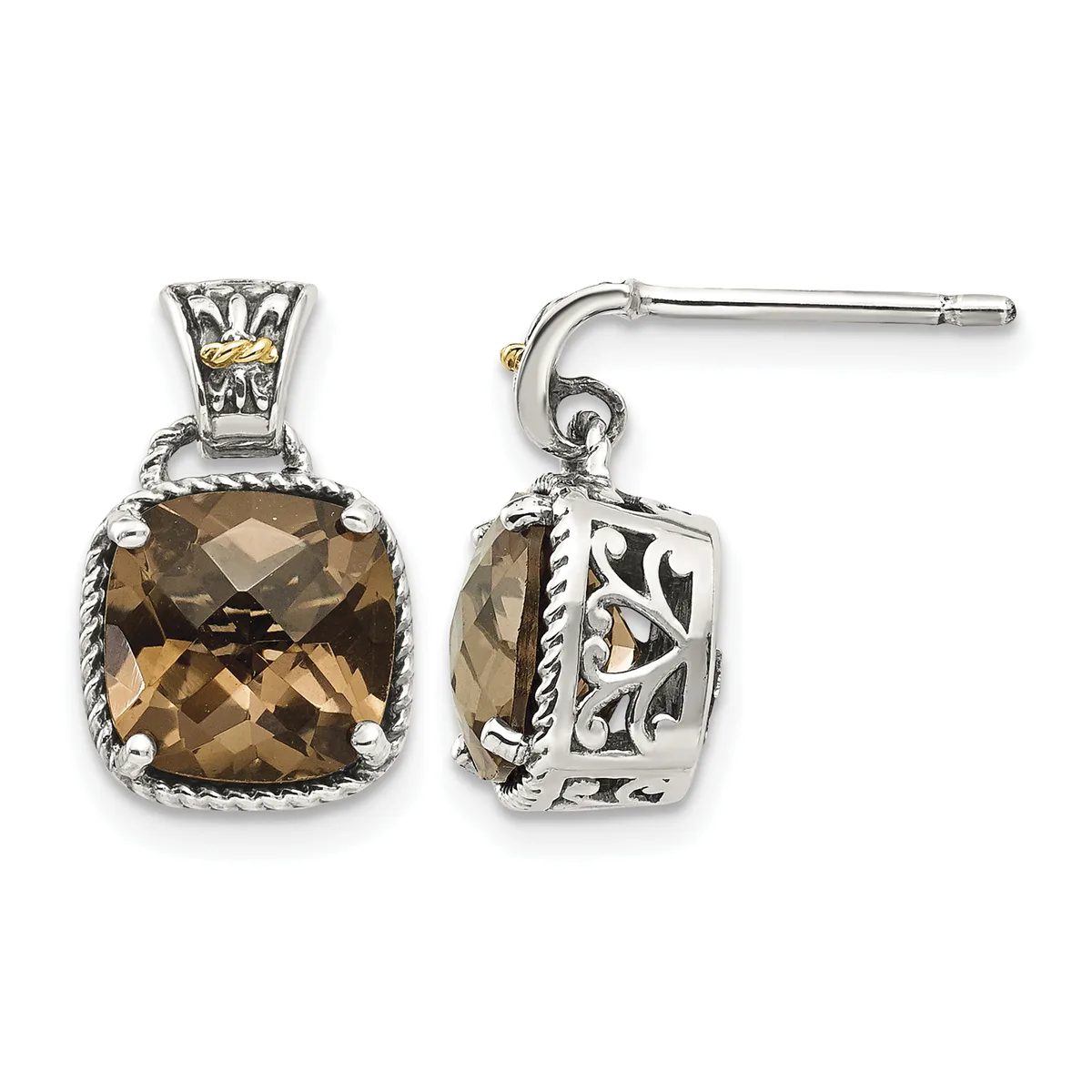 Pair of silver and gold dangle earrings with cushion-cut smoky topaz stones set in ornate filigree bezels with rope twist detailing.