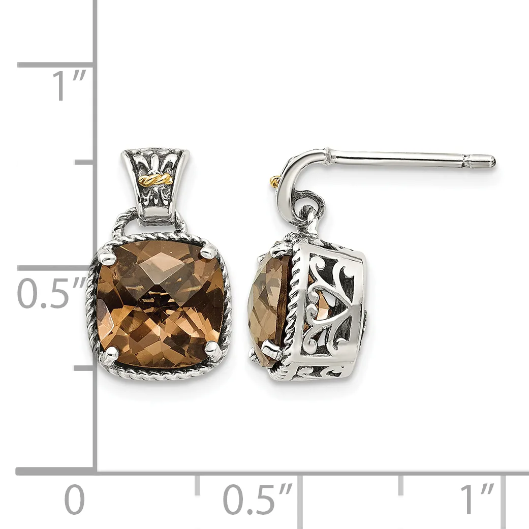Pair of silver drop earrings with cushion-cut smoky quartz stones in decorative settings, shown against a measurement scale.