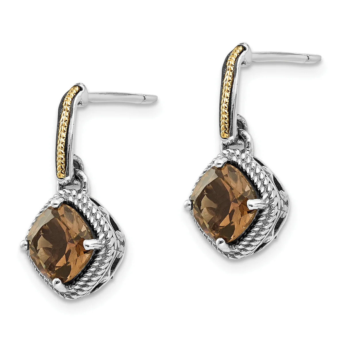 Pair of sterling silver and gold-tone drop earrings with cushion-cut smoky quartz stones set in textured metal settings with post backs.