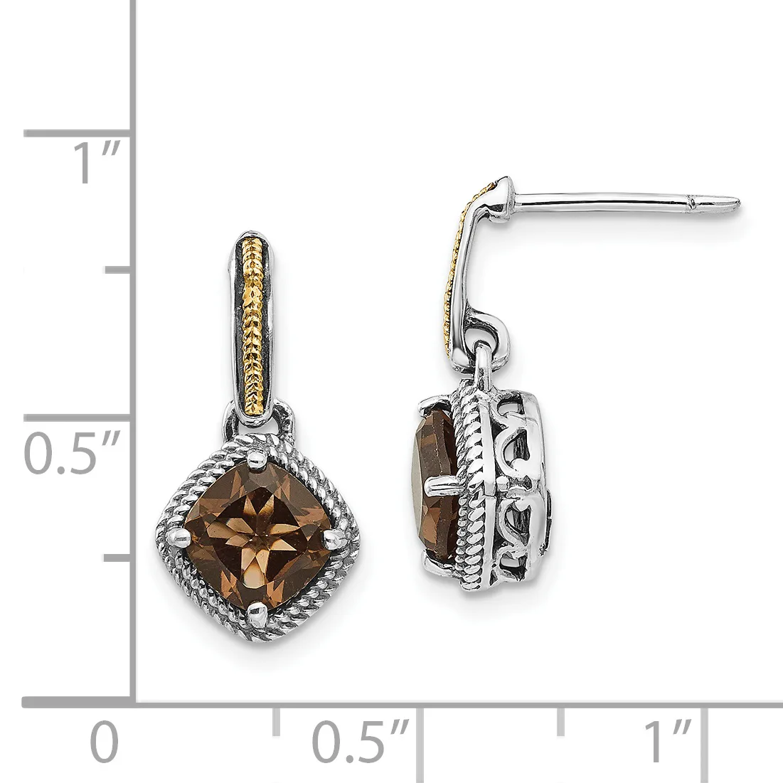 A pair of two-tone silver and gold drop earrings with cushion-cut smoky quartz stones surrounded by twisted rope detailing, displayed next to a measurement scale.
