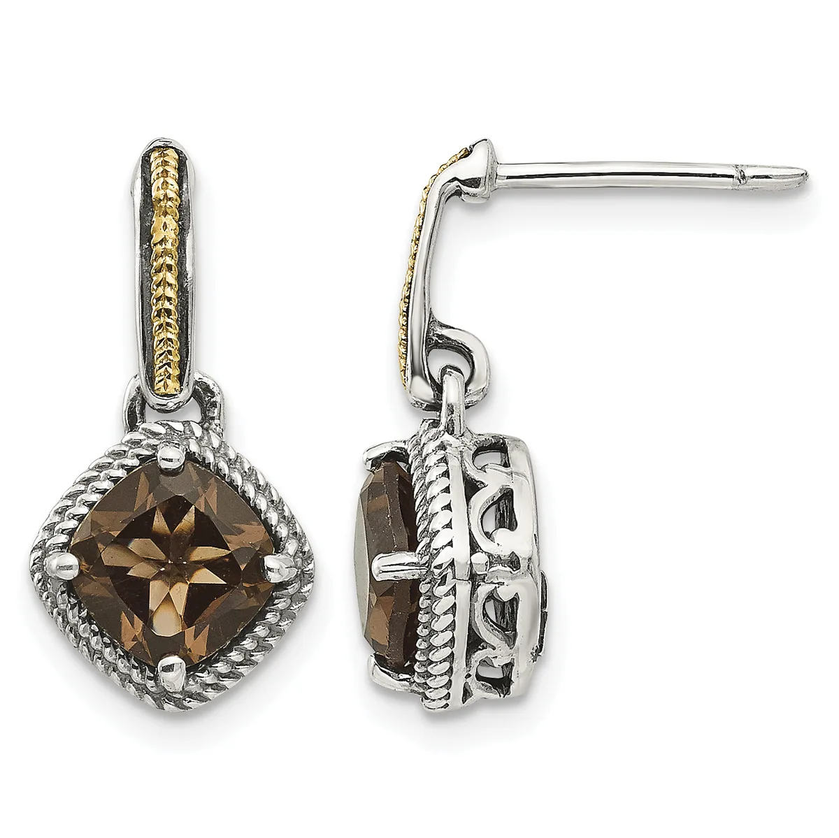 Pair of two-tone silver and gold drop earrings with cushion-cut smoky quartz stones surrounded by rope-textured bezels.