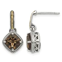 Pair of two-tone silver and gold drop earrings with cushion-cut smoky quartz stones surrounded by rope-textured bezels.