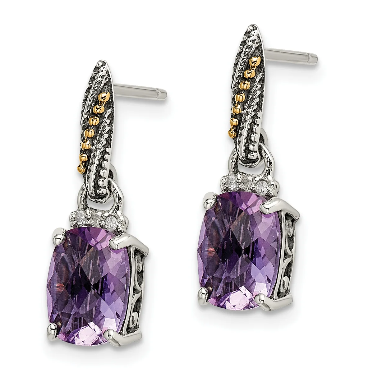 A pair of silver drop earrings with purple cushion-cut gemstones, decorated with gold and diamond accents on the posts.