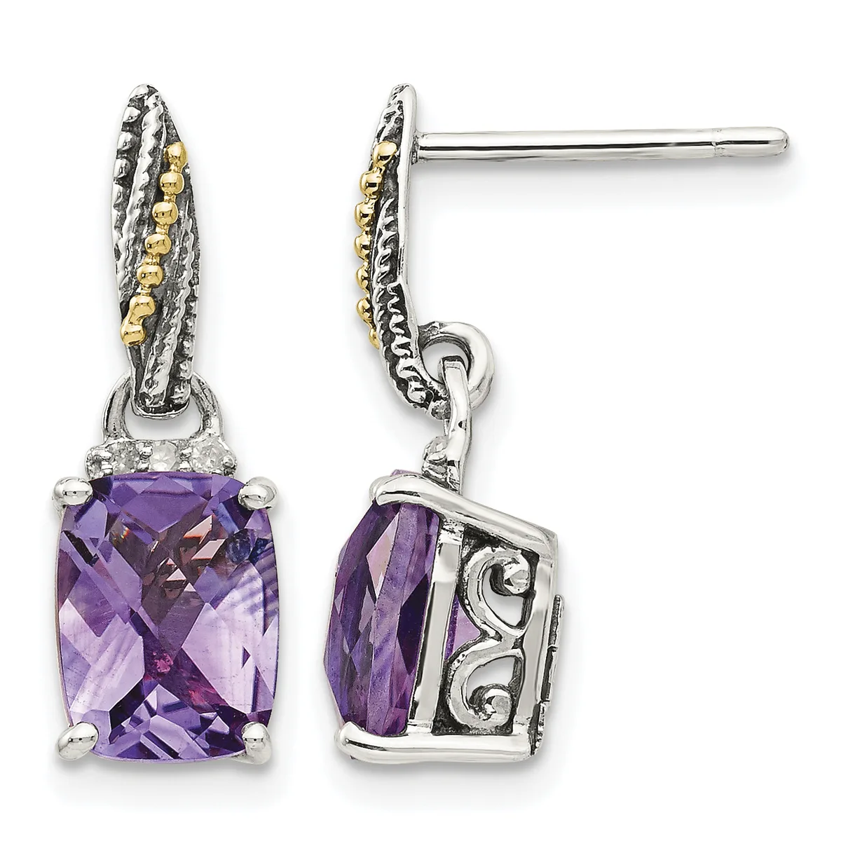 A pair of sterling silver drop earrings with gold-toned twisted wire tops and cushion-cut amethyst stones set in decorative silver bezels, shown from front and side views.