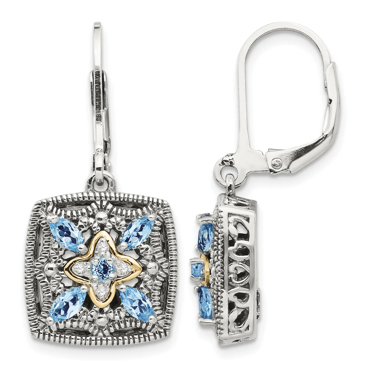 Pair of silver and gold filigree square earrings with blue gemstones arranged in a four-pointed star pattern, shown from front and back views with lever-back closures.