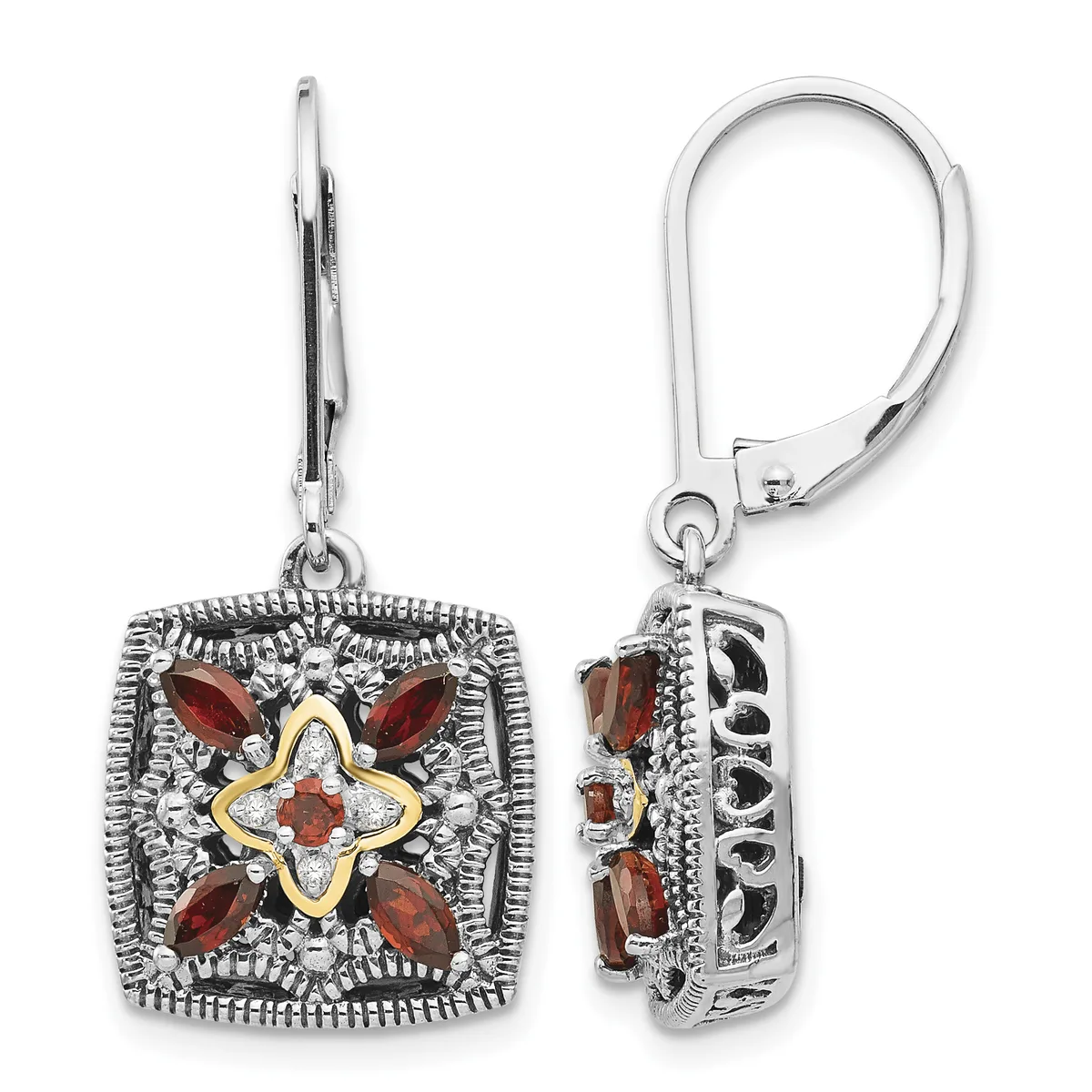 Pair of ornate square drop earrings with lever backs, featuring red garnet stones arranged around a gold-toned four-pointed star center, set in silver with decorative beaded borders, shown from front and side views.