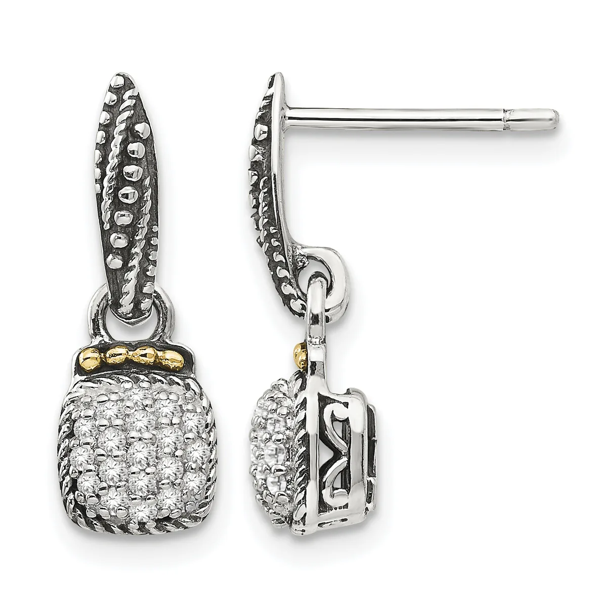 Pair of silver dangle earrings with ornate textured posts, gold-tone accent bands, and cushion-shaped pendants paved with round diamonds, shown from front and side views.