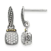 Pair of silver dangle earrings with ornate textured posts, gold-tone accent bands, and cushion-shaped pendants paved with round diamonds, shown from front and side views.