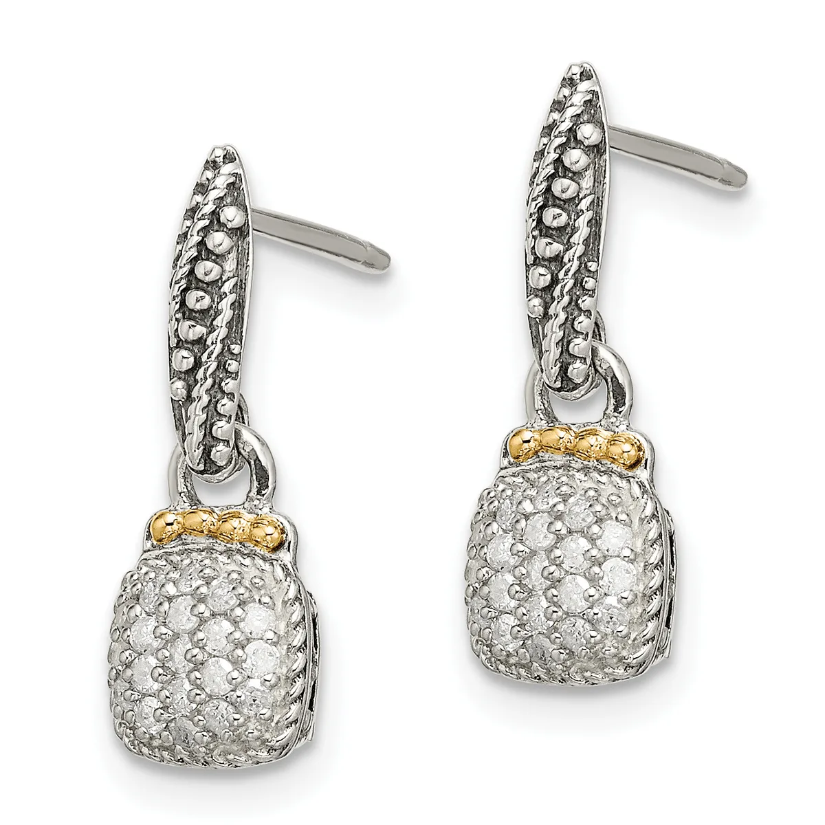 A pair of two-tone silver and gold drop earrings with textured oval posts and cushion-shaped diamond-pave pendants suspended by small gold bands.