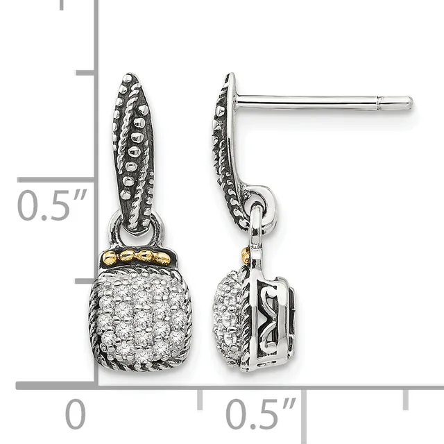 Two-tone silver and gold drop earrings with textured tops and pave-set cubic zirconia cushion-shaped bottoms, shown front and side view with measurement scale.