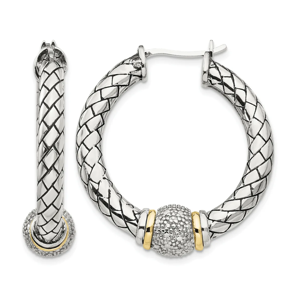 Pair of silver hoop earrings with twisted rope texture, gold-tone accents, and a pave crystal ball charm on one earring, shown front and side view.