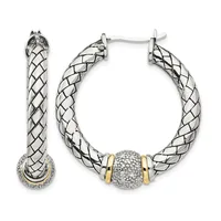 Pair of silver hoop earrings with twisted rope texture, gold-tone accents, and a pave crystal ball charm on one earring, shown front and side view.