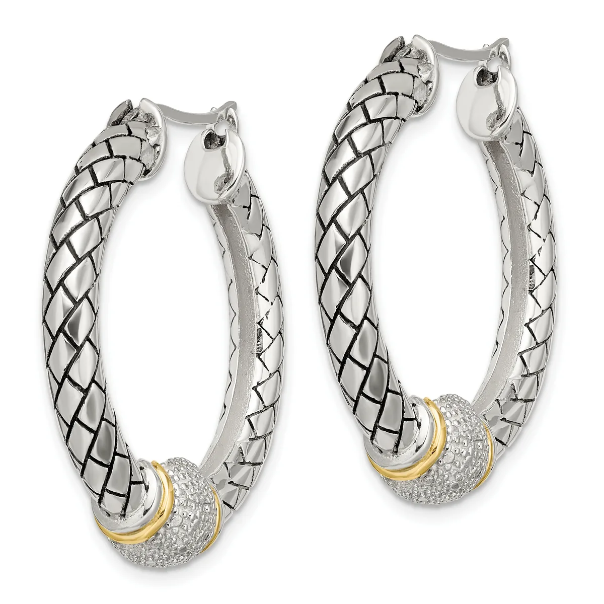 Pair of silver hoop earrings with quilted texture, gold-tone accents, and diamond-paved spheres, shown front and back views.