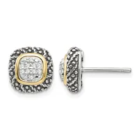 A pair of square stud earrings with oxidized silver textured borders, gold-tone bezels, and diamond pavé centers, shown from front and side views.