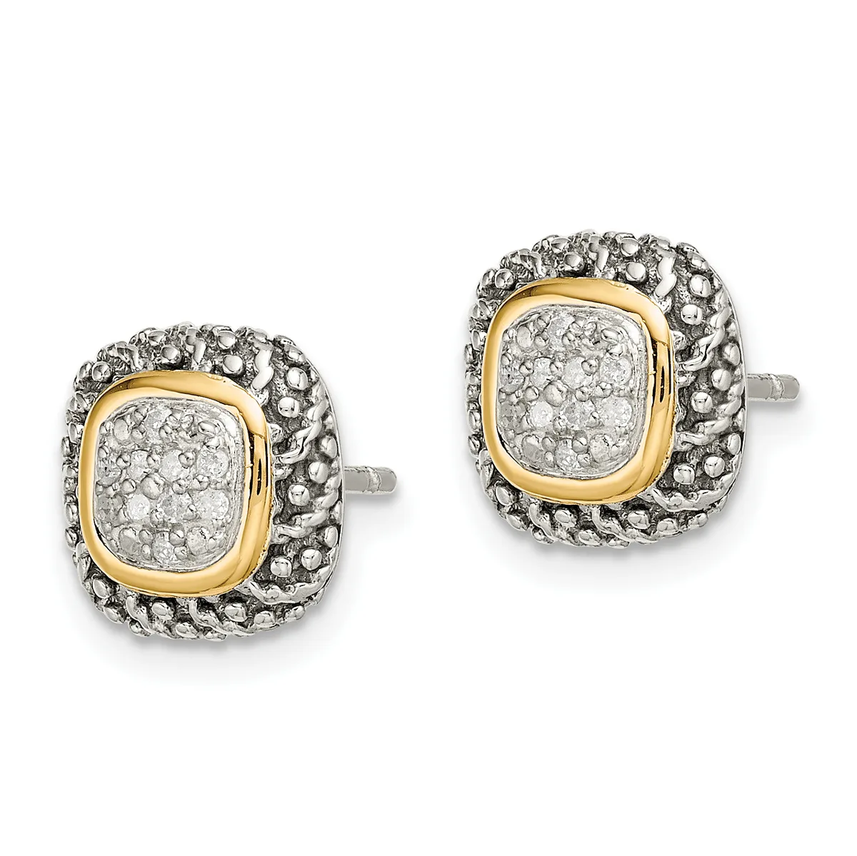 A pair of square stud earrings featuring a textured silver back with a polished gold-tone frame around a diamond-paved center, shown from the front.