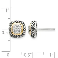 Square stud earrings with gold centers surrounded by oxidized silver beaded borders, shown front and side view next to a measurement ruler.