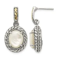 A pair of two-tone silver and gold drop earrings featuring oval white mother-of-pearl stones surrounded by detailed rope-textured borders, shown from front and side views.