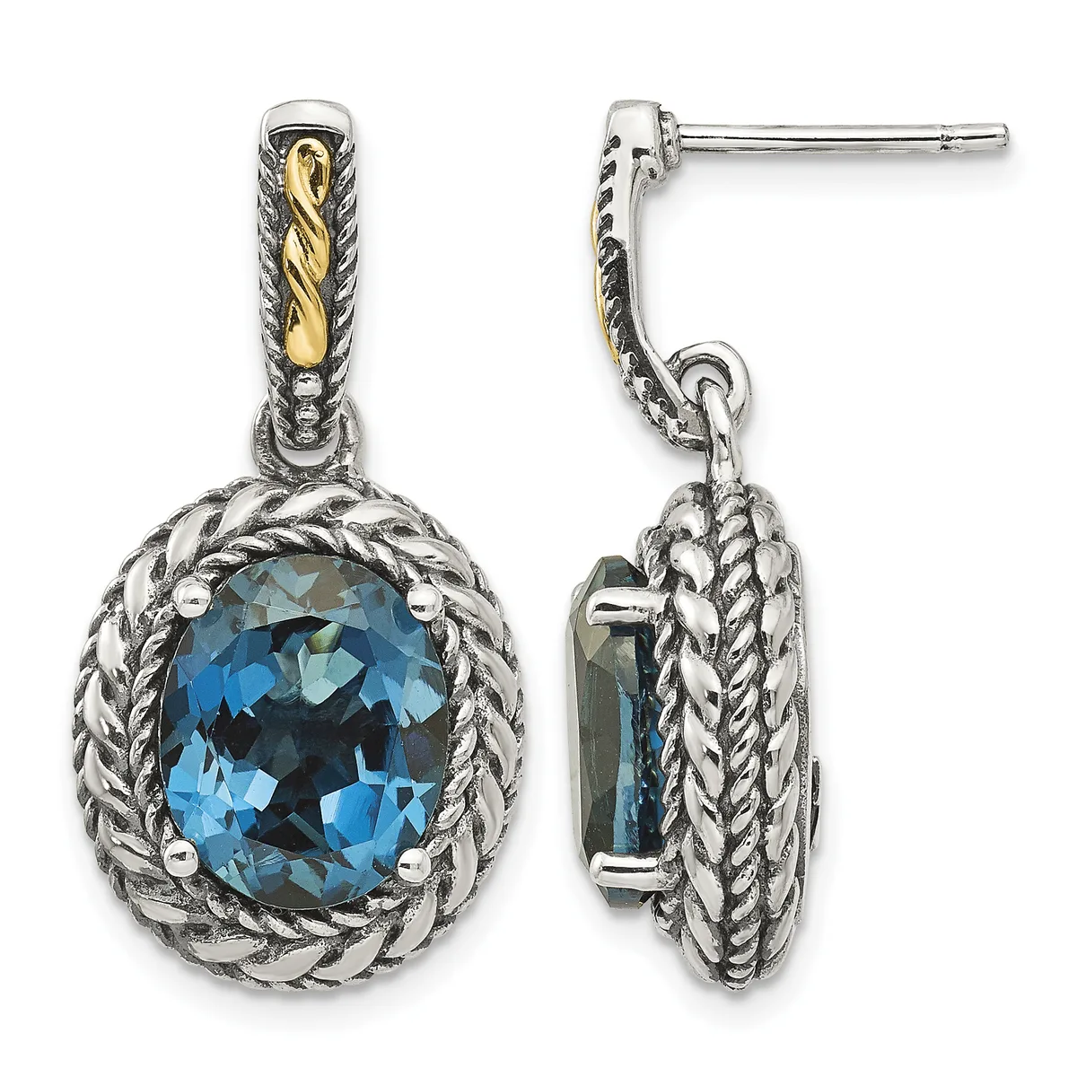 Pair of sterling silver drop earrings with twisted rope bezels framing oval blue topaz stones and gold-tone twisted bail details, shown from front and side views.