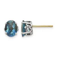 A pair of oval-cut blue topaz stud earrings with ornate silver settings and gold posts, shown from front and side views.